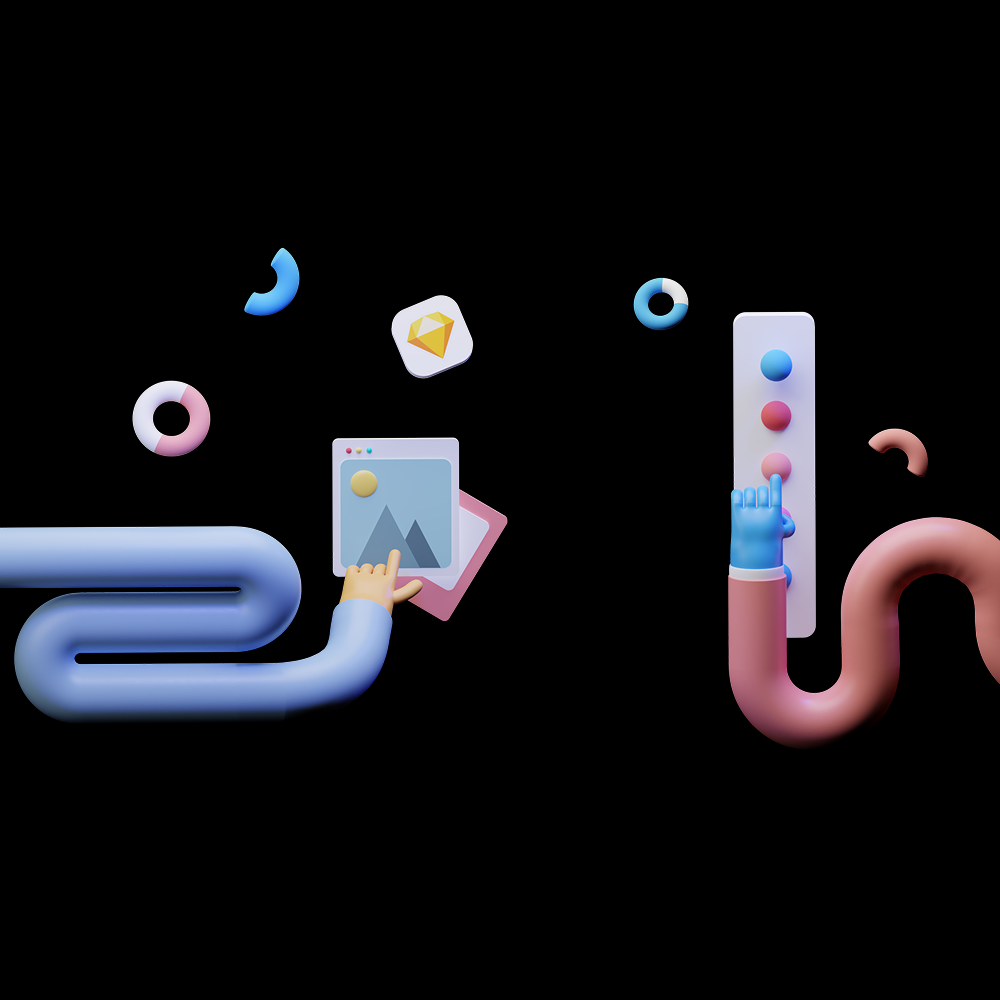 Abstract digital illustration of two 3D hands interacting with floating icons and shapes, resembling a digital or virtual environment.
