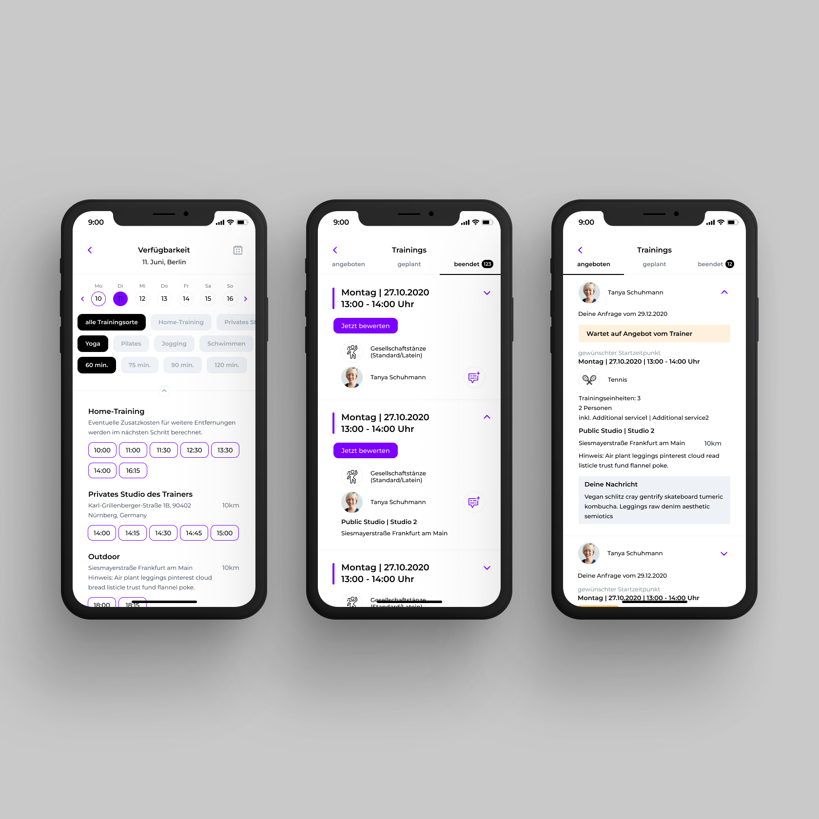 Three smartphones displaying a fitness or training app with schedules, trainer information, and booking options on a gray background.