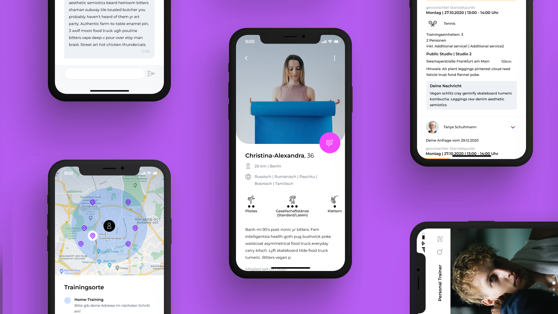 Modern smartphone screens displaying a dating app profile of a woman named Christina- Alexandra, a map with multiple location pins, and a fitness training schedule. The background is a purple gradient.