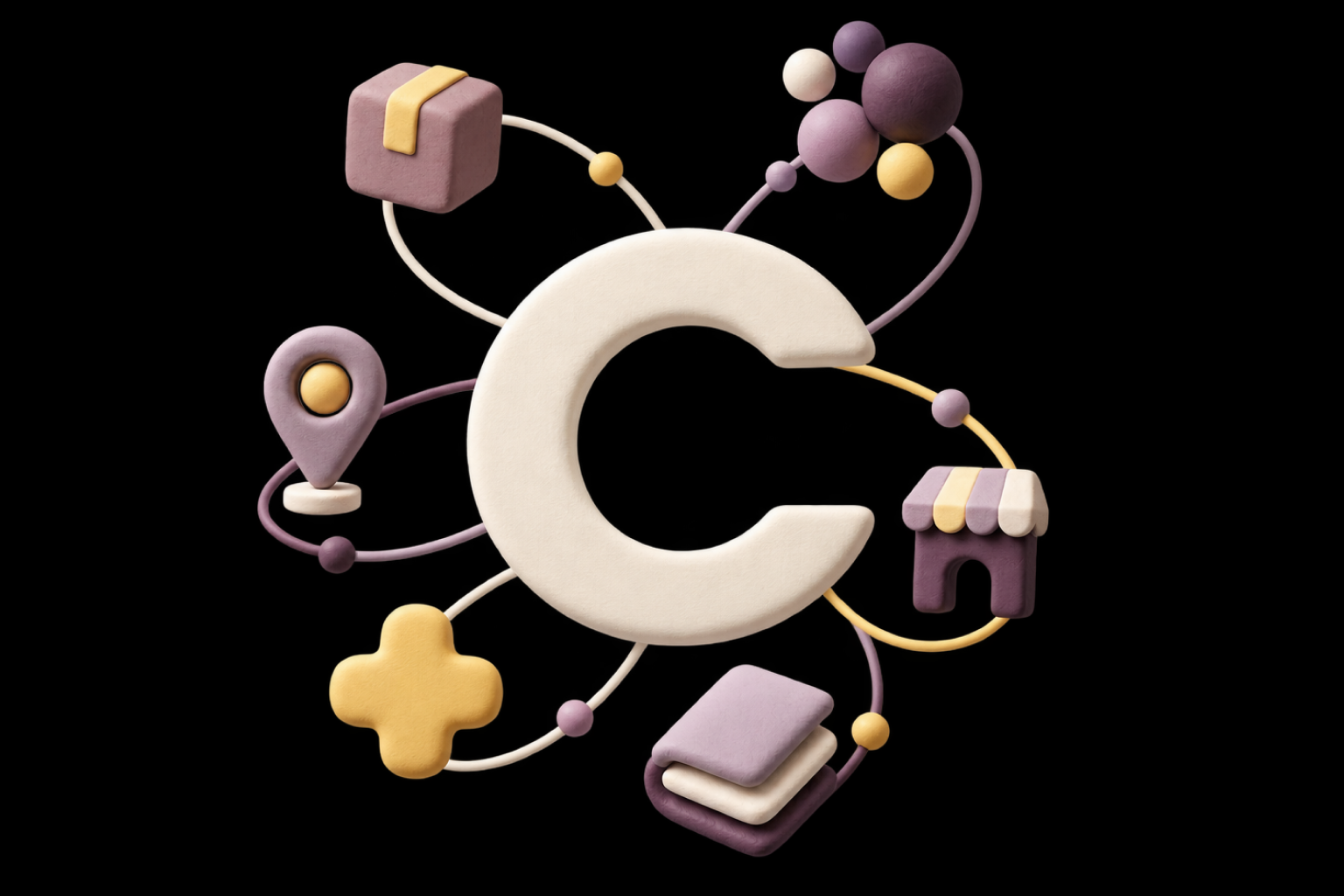 Decorative website concept with a large white letter 'C' surrounded by icons representing a location marker, house, book, folder, cross, and geometric shapes on a black background.