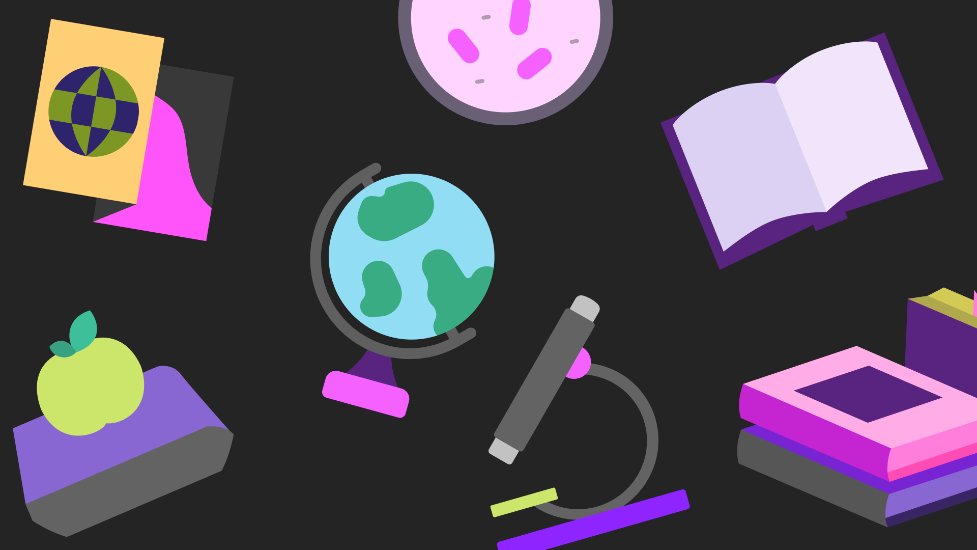 A flat design illustration of various educational and science-related objects on a black background, including a globe, a microscope, open book, scientific petri dish, a brain illustration, a piece of pie chart, and a plant, all in pastel colors.