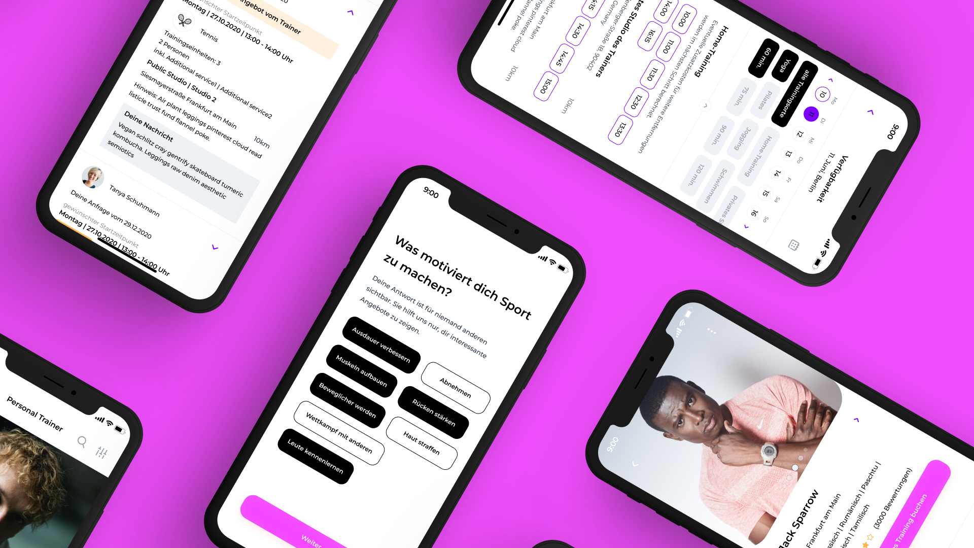 Five smartphones with fitness and health app interfaces displayed on a purple background. The screens show workout schedules, diet plans, fitness motivation quizzes, and personal training information.