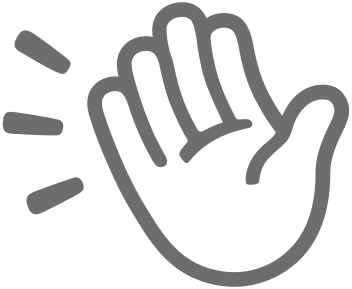 A black and white illustration of a raised hand with lines indicating a greeting or high five.