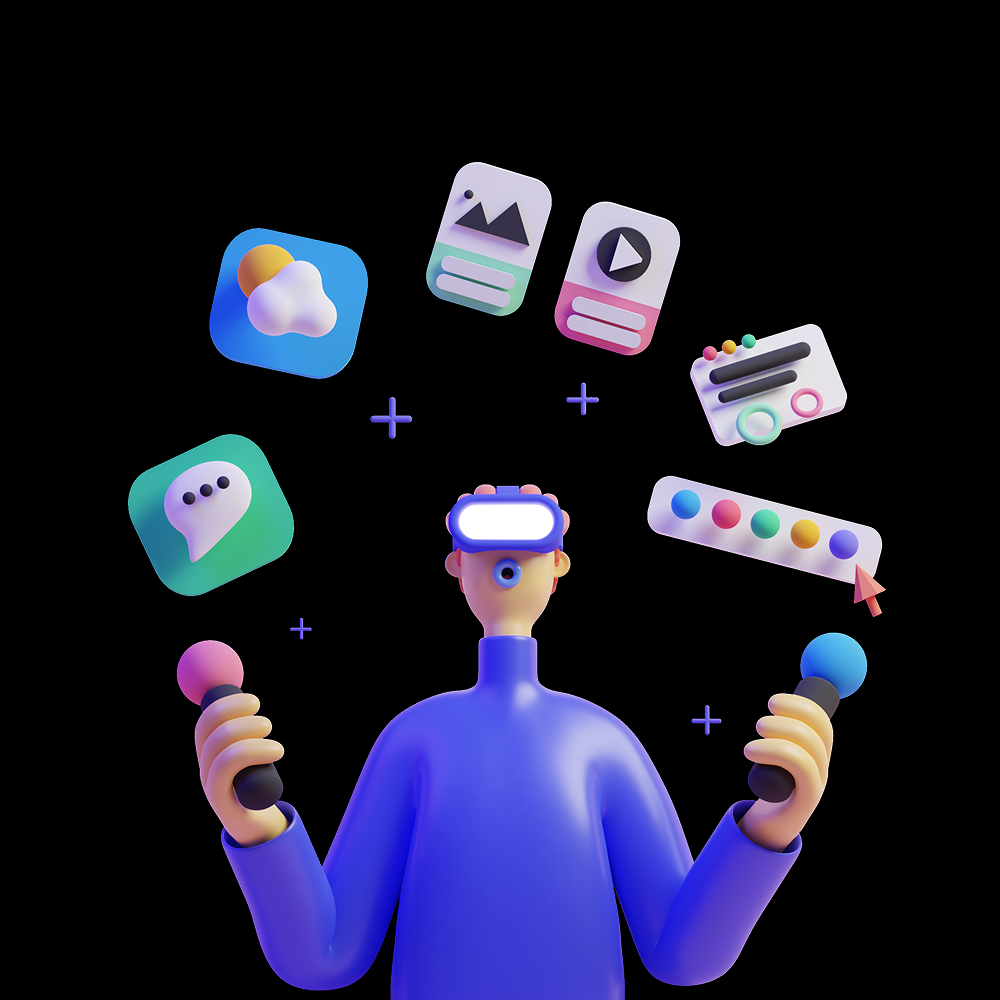 A person wearing a virtual reality headset surrounded by digital icons representing apps and media on a black background.