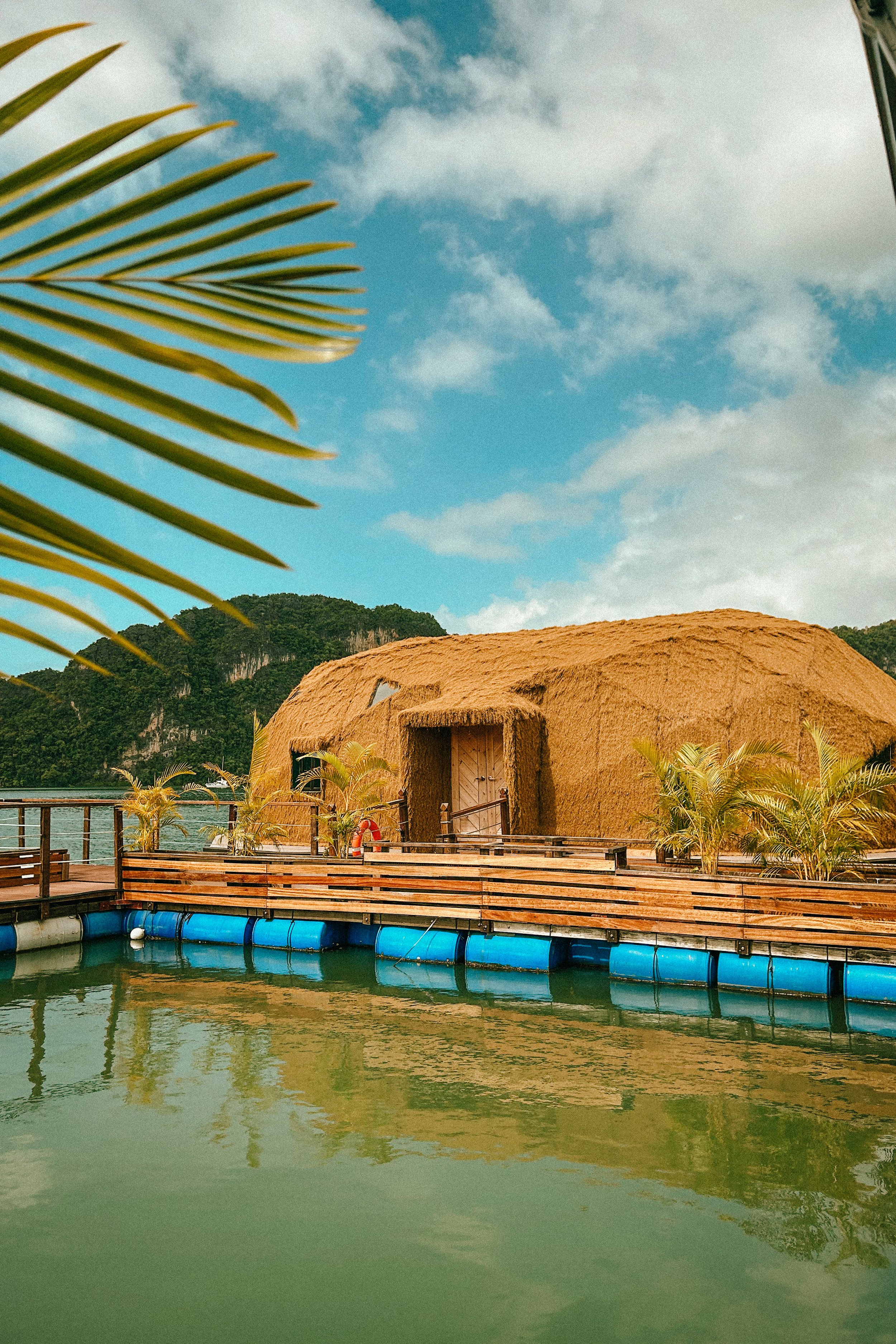 A tropical scene featuring a thatched-roof hut, palm trees, a body of water with reflections, and green mountains in the background under a partly cloudy sky.
