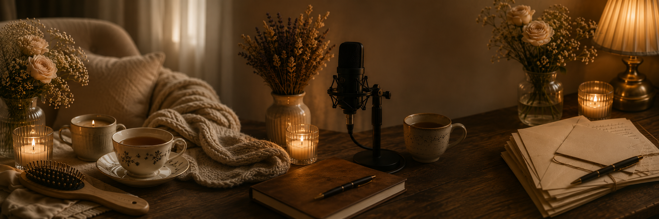 Cozy writing and recording setup on a warm lit wooden table with tea, candles, flowers, notebooks, pen, and a microphone.