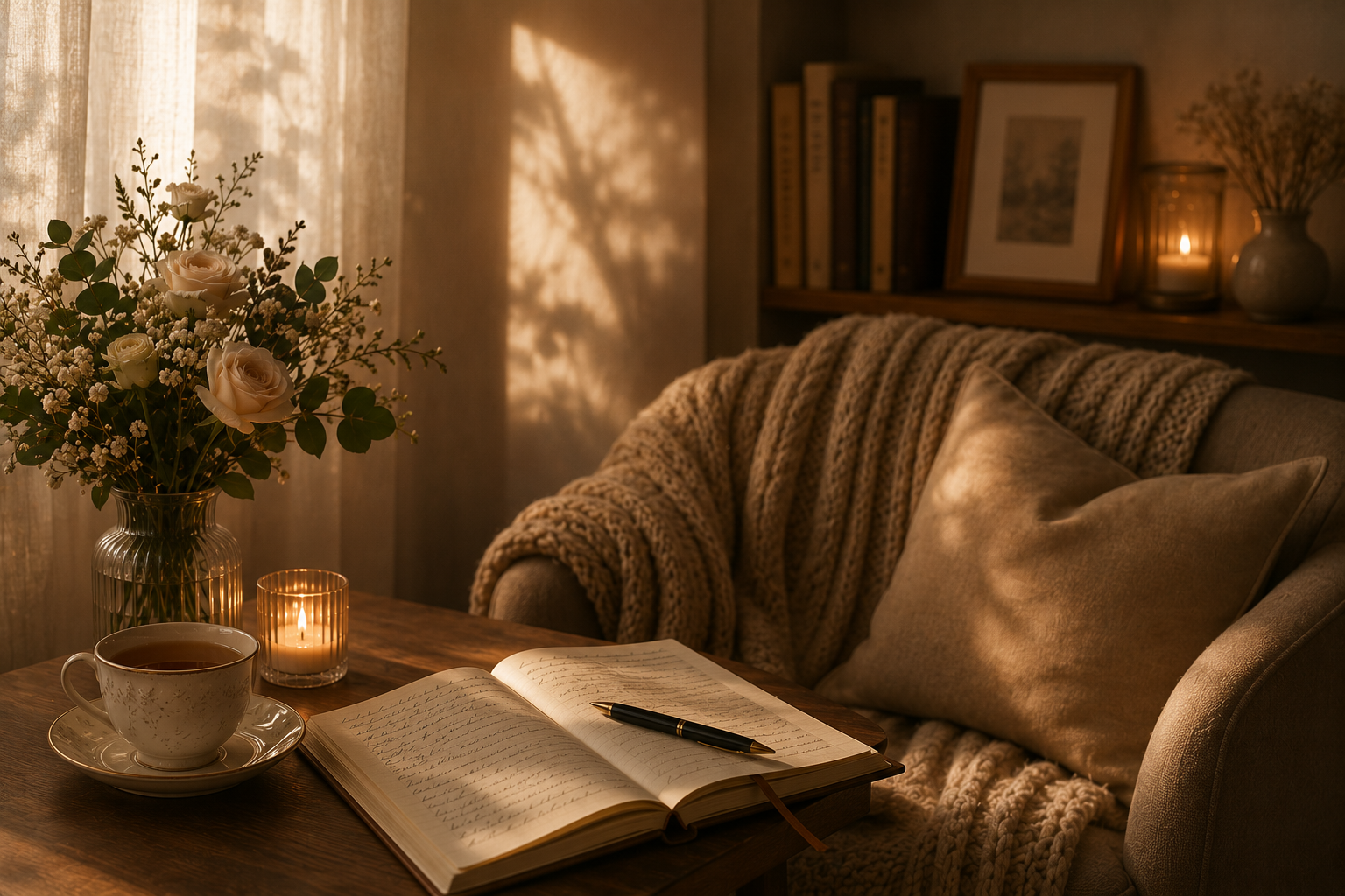 Cozy living room scene with a wooden table, an open journal with a pen, a cup of tea, a lit candle, a vase with flowers, a plush sofa with pillows and a blanket, and a bookshelf with framed pictures and a candle in the background.