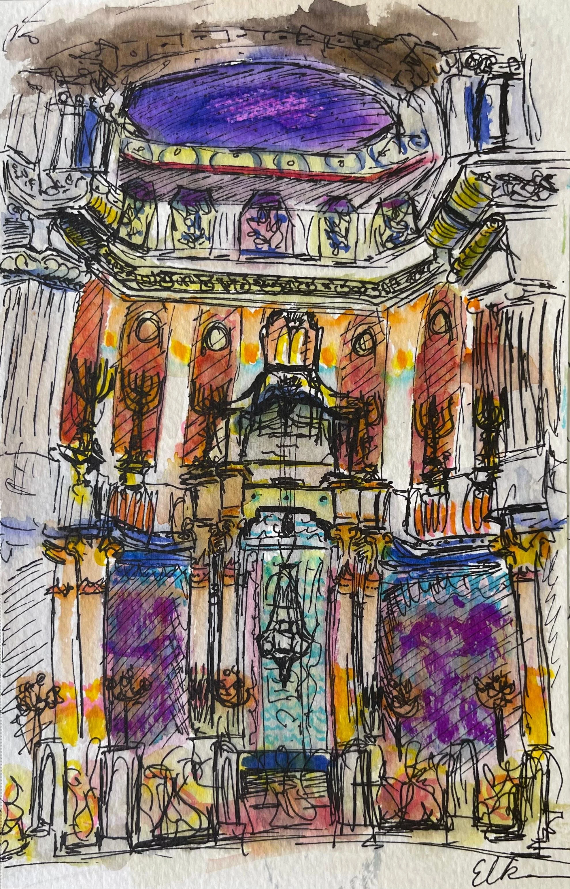 The Great Synagogue, Rome, Italy ~ Ink and Watercolor