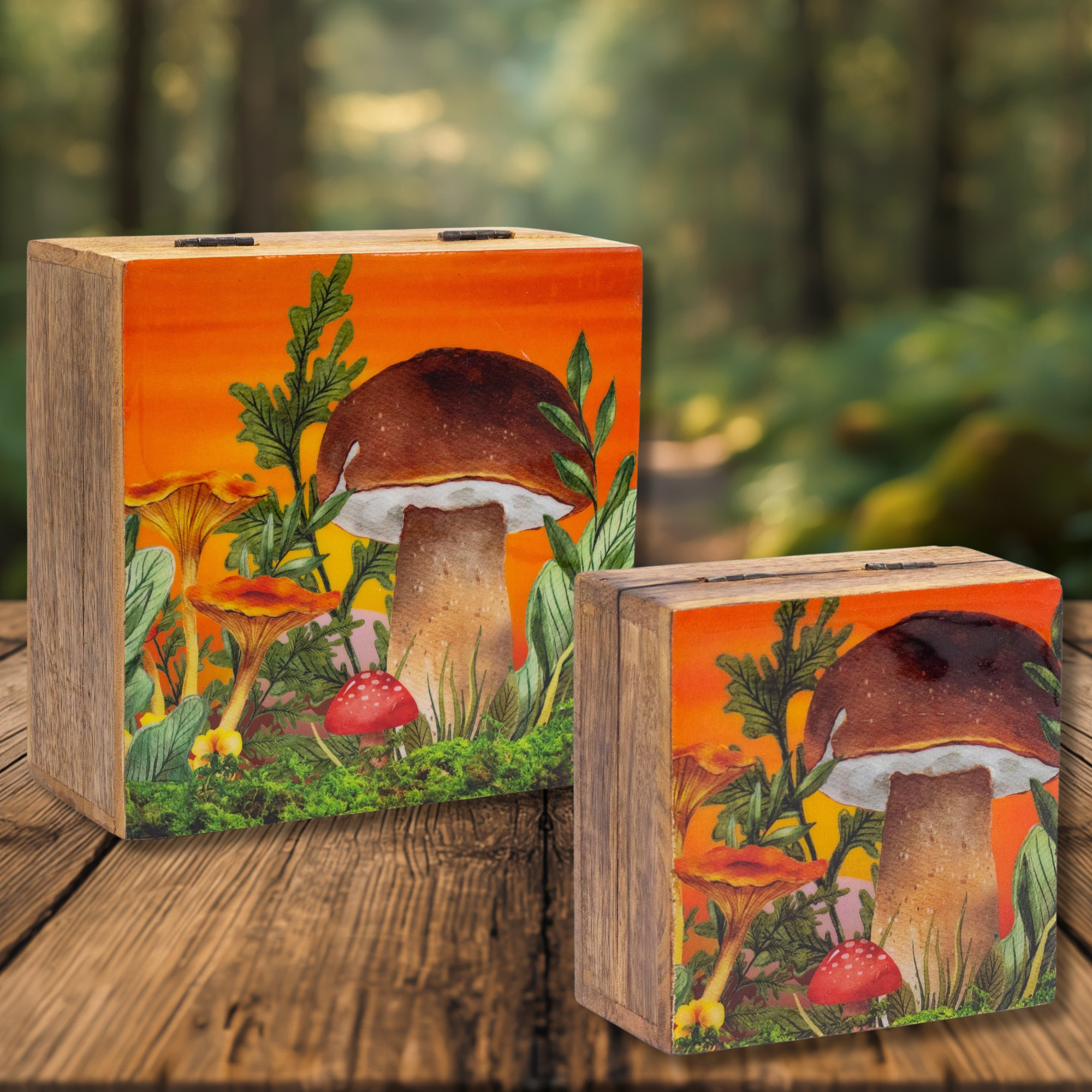 Mango Wood Woodland Mushroom Enamelled Box 2 Sizes - Orange