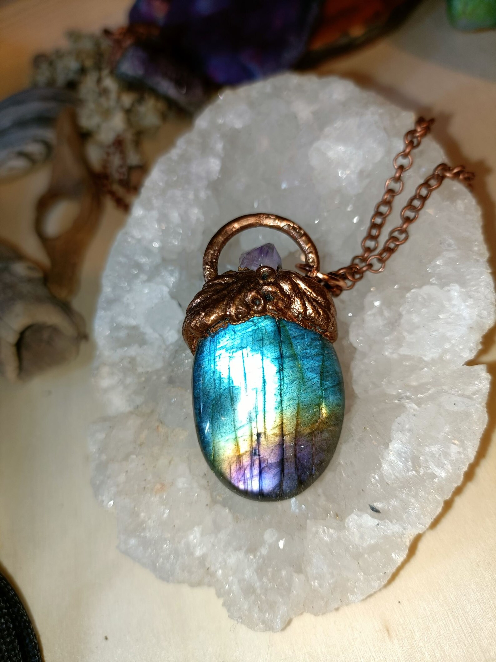 Handmade Purple Flash Labradorite, Amethyst and Copper Pendant
