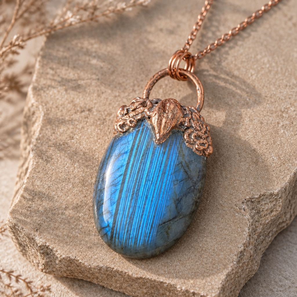 Statement Labradorite Pendant, Electroformed Copper, 22" Chain