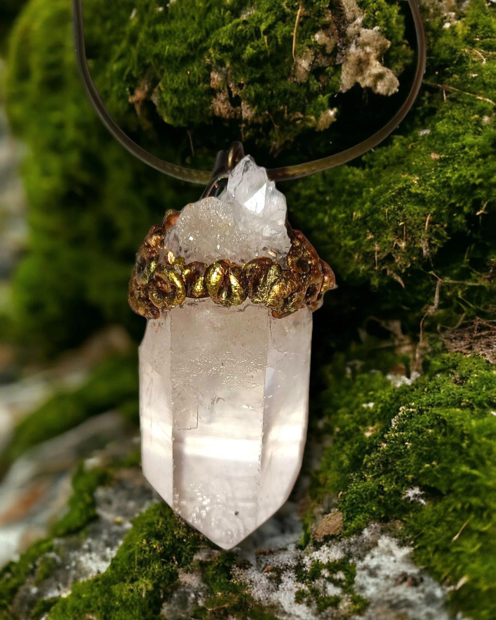 Handmade Clear Quartz Point & Druzy Statement Pendant
