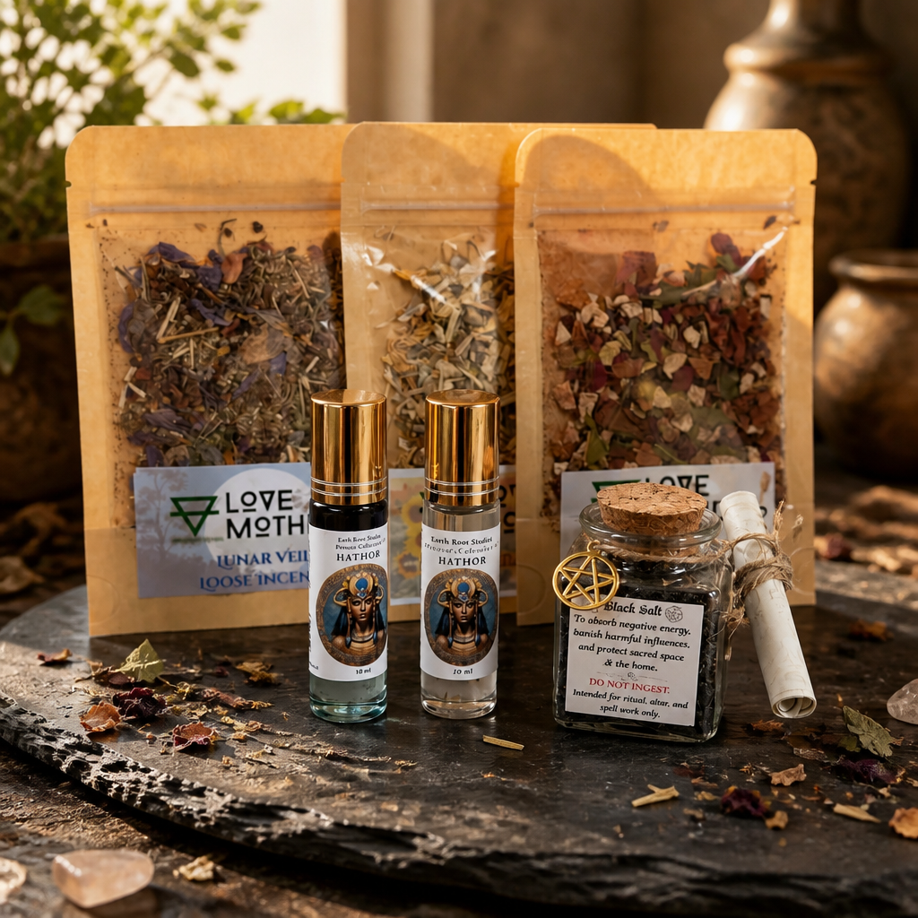 Botanical ritual oils including Hathor Blue Lotus Oil, loose incense, herbs and black salt from Earth Root Studio, handcrafted for nature-inspired ritual.