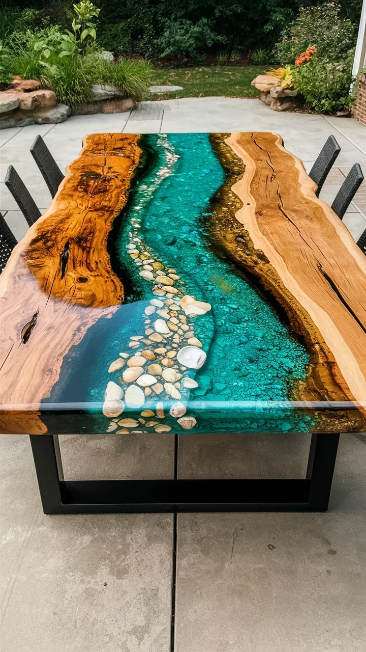 Handcrafted River Table with Turquoise Resin