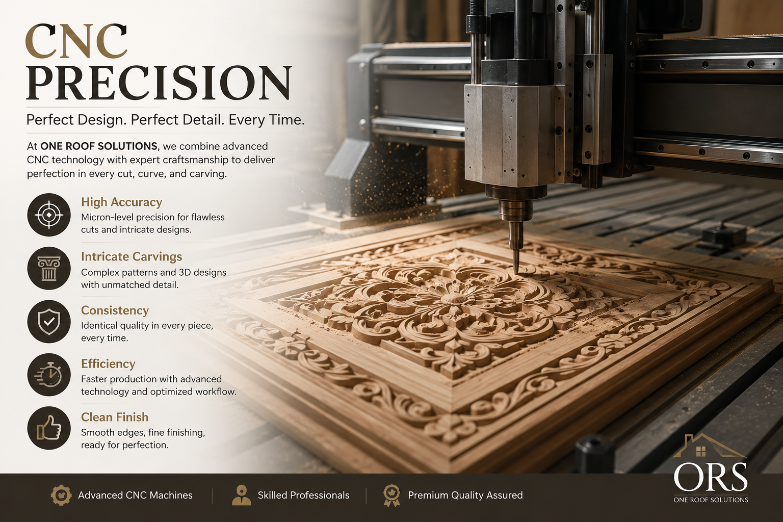 A CNC machine carving intricate floral and ornamental patterns into a wooden panel, with the left side of the image featuring text describing CNC precision services.