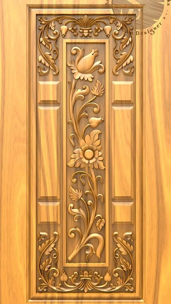 Elegant Floral Carved Wood Door Panel
