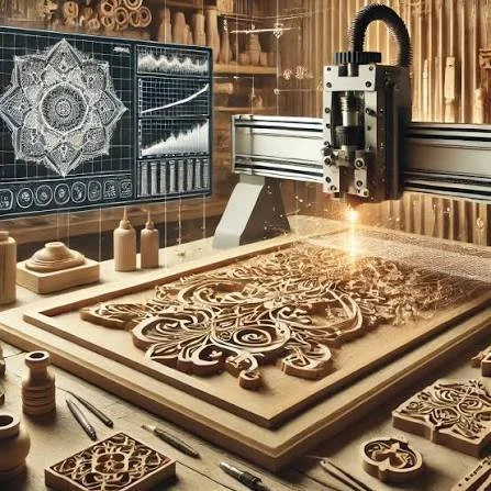 Laser cutter engraving intricate wooden design with computer monitors displaying detailed graphics in the background.