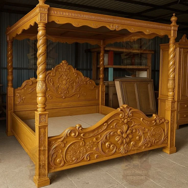 Hand-Carved Teak Wood Canopy Bed