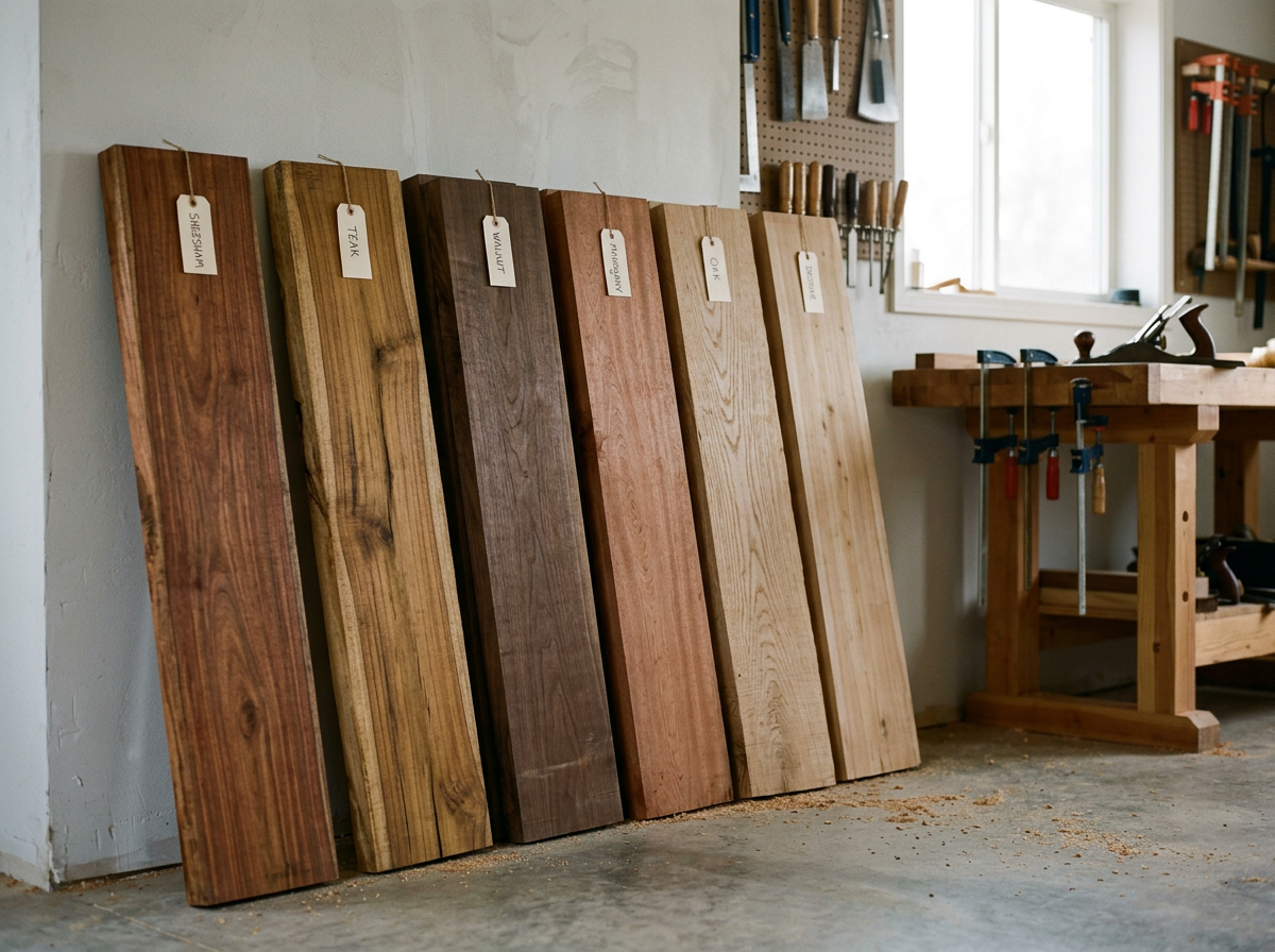 Six large wooden planks of different types and shades of wood, labeled with names like 'Shisham,' 'Teak,' and 'Mahogany,' leaning against a workshop wall. The workshop has tools hanging on a pegboard and a workbench with clamps and hand tools near a window.