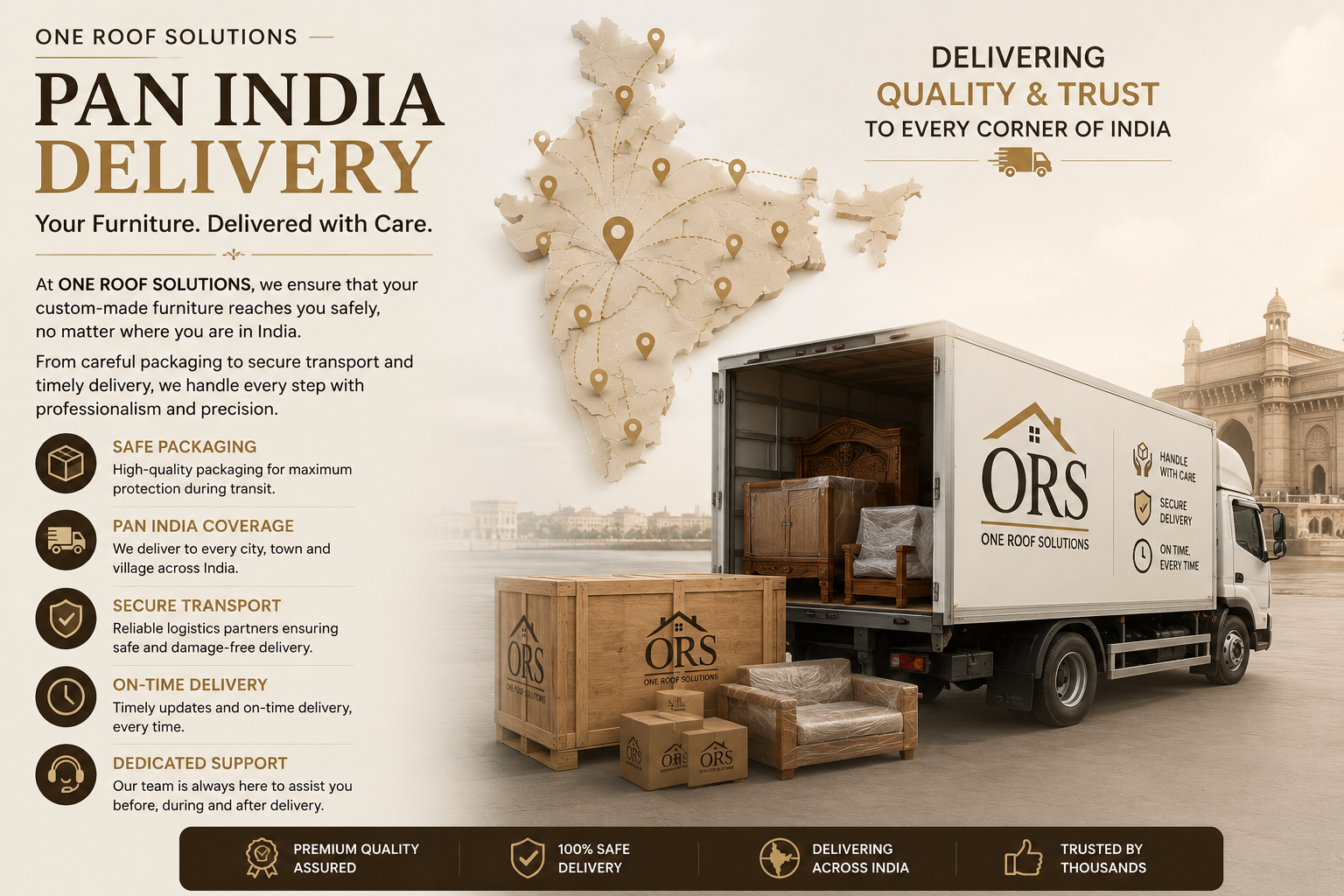 An advertisement for ORS One Roof Solutions highlighting furniture delivery services across India. The image features a map of India with delivery points, a delivery truck with furniture, and icons representing key service features such as safe packaging, coverage, secure transport, on-time delivery, and dedicated support.