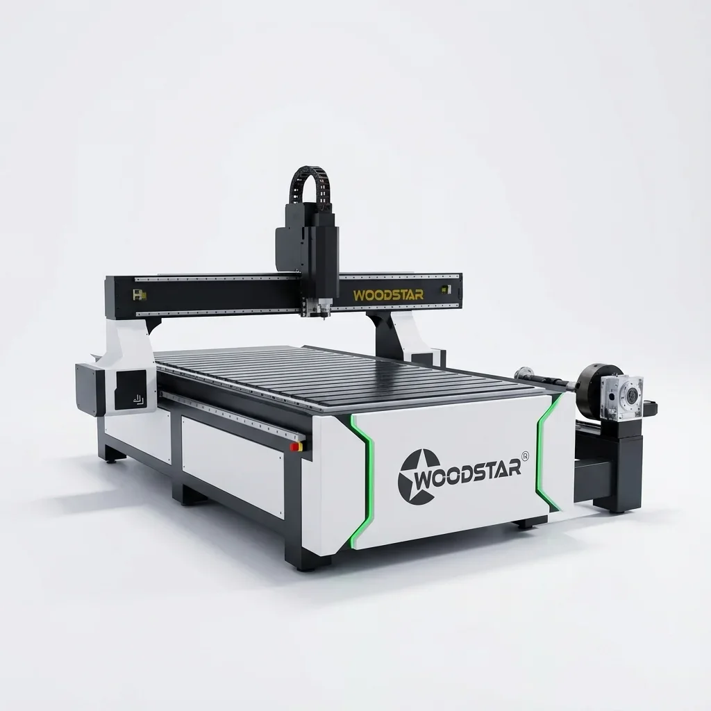 A large industrial CNC router with a black and white color scheme, labeled 'WOODSTAR', featuring a work table, an overhead spindle, and a motor on the side, used for cutting wood and other materials.