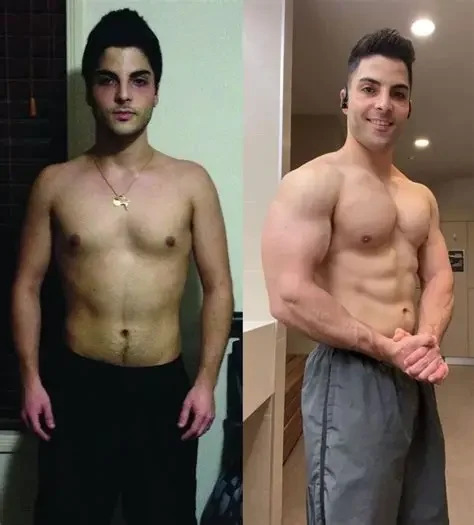 Side-by-side comparison of a man before and after body transformation, showing increased muscle mass and fitness.