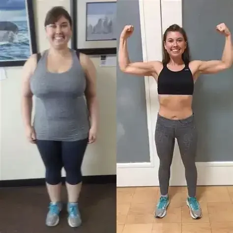 Side-by-side comparison of a woman before and after fitness transformation, showing initial weight loss and muscle toning.