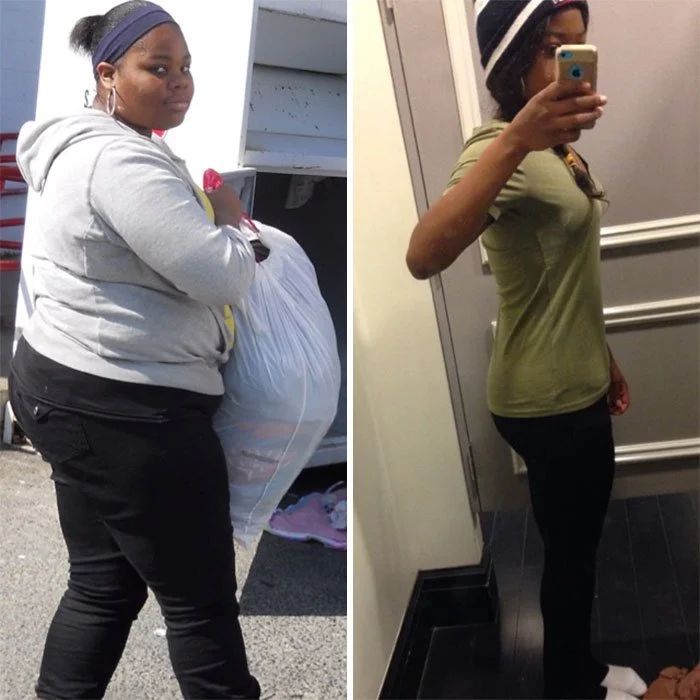Side-by-side photos of a woman. On the left, she is outdoors with a large plastic bag, wearing a hoodie and headband. On the right, she is indoors taking a mirror selfie, showing a significant weight loss, wearing a short-sleeve top and black pants.