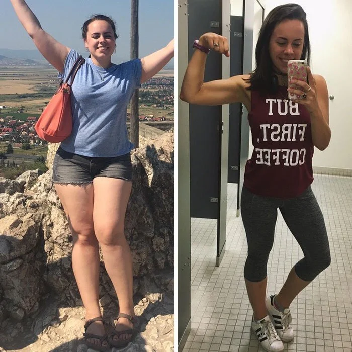 Side-by-side comparison of a woman before and after fitness transformation. In the left photo, she is outdoors on a rocky hilltop with arms raised, wearing a blue t-shirt, gray shorts, and sandals, with a landscape background. In the right photo, she is shirtless, wearing athletic leggings and sneakers in a gym locker room, flexing her bicep and taking a selfie.