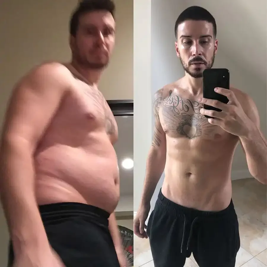 Side-by-side comparison of a shirtless man before and after weight loss, showing significant transformation in physique, tattoos, and facial features.