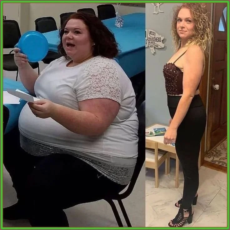 Side-by-side photos of the same woman before and after her weight loss. On the left, she is seated at a table, wearing a white top and holding a blue balloon. On the right, she is standing, dressed in a black, beaded top and pants, with curly hair.