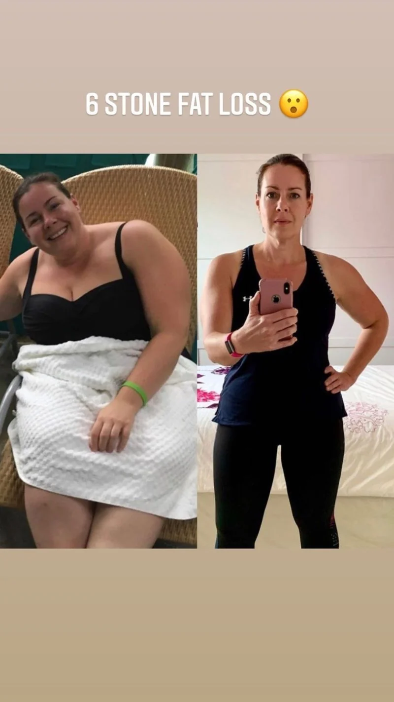 Side-by-side before and after photos of a woman showing weight loss achievement, captioned '6 Stone Fat Loss' with a surprised face emoji.