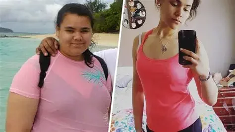 Side-by-side photos of a young woman, before and after weight loss, wearing a pink tank top in the second photo.