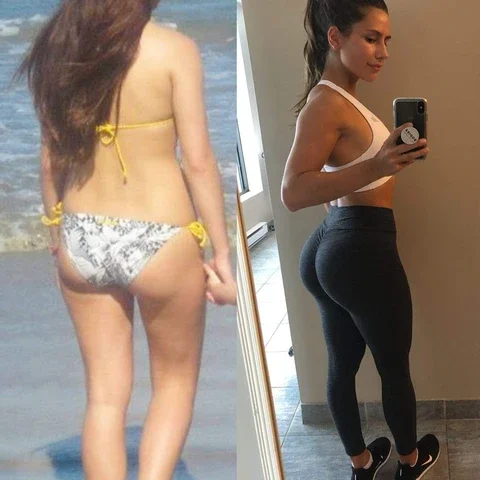 Side-by-side of a woman in a bikini at the beach on the left and in workout clothes taking a mirror selfie on the right, showing her toned physique.