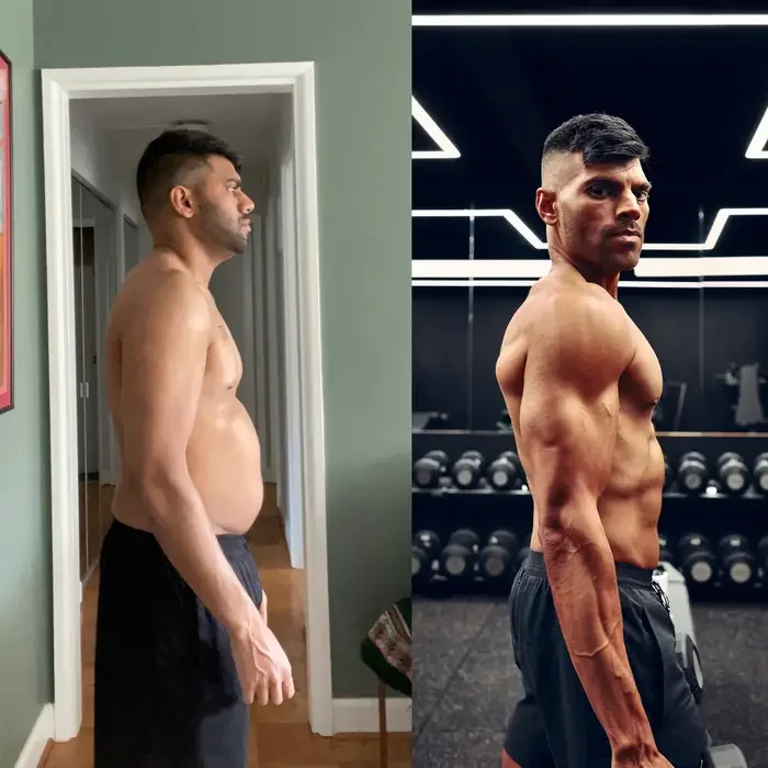 Comparison of a man's physique before and after fitness transformation, showing significant muscle gain and fat loss.