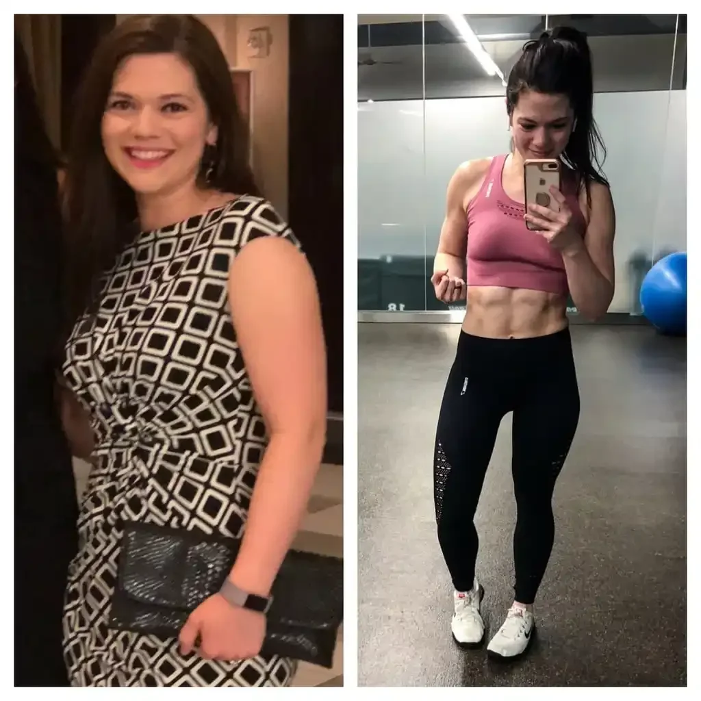 Side by side comparison of a woman at a social event and at the gym. In the first image, she is smiling, wearing a patterned dress, and holding a purse. In the second image, she is at the gym, wearing workout clothes, taking a mirror selfie, showing toned abdominal muscles.