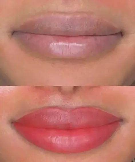 Comparison of lips before and after applying lipstick, showing a natural lip line above and a vibrant red lipstick on below.