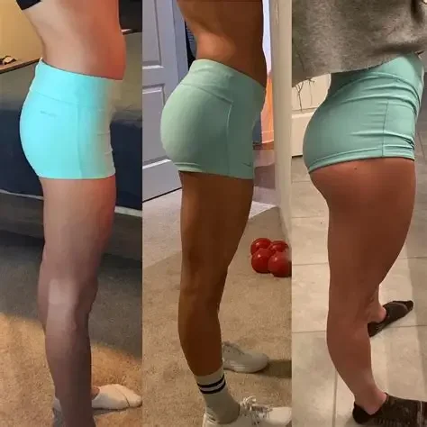 Side views of three women wearing similar light green shorts, showcasing different body types and leg shapes.
