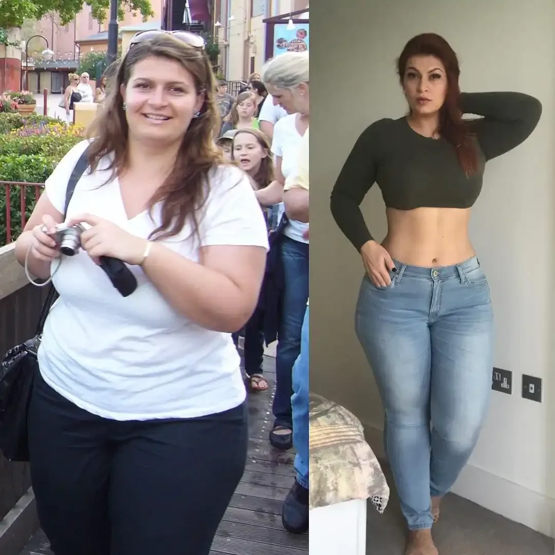 Side-by-side comparison of a woman before and after weight loss, showing her in casual clothing outdoors on the left and in a crop top and jeans indoors on the right.