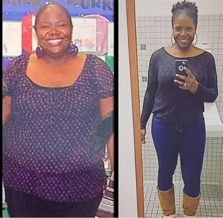 Side-by-side photos of a woman: on the left, she is overweight and smiling in a colorful indoor setting; on the right, she is slimmer, taking a mirror selfie in a bathroom, wearing a black top, blue pants, and tan boots.