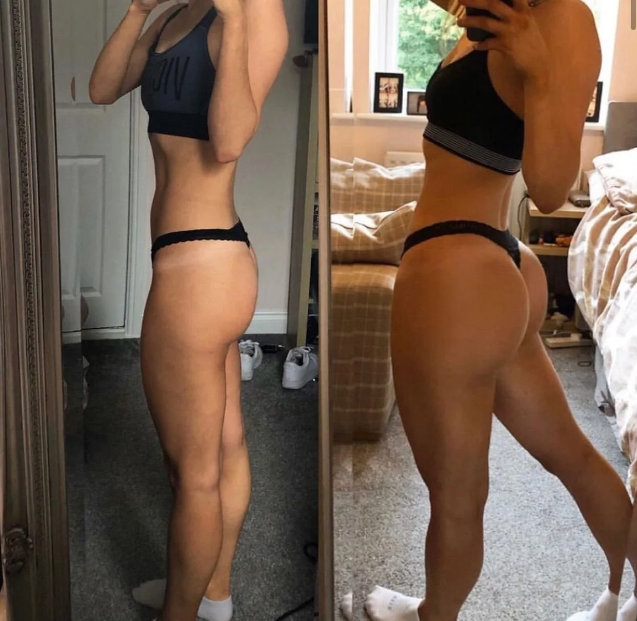 Side-by-side mirror selfies of a woman in black sportswear, showing her physical transformation with more toned and muscular buttocks in the second image.