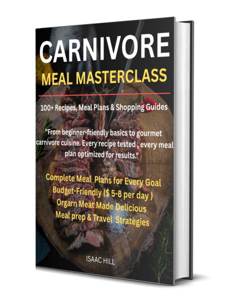 Book titled "Carnivore Meal Masterclass" with a cover photo of cooked meat on a cutting board, featuring highlights about recipes, meal plans, shopping guides, and strategies for carnivore cuisine.