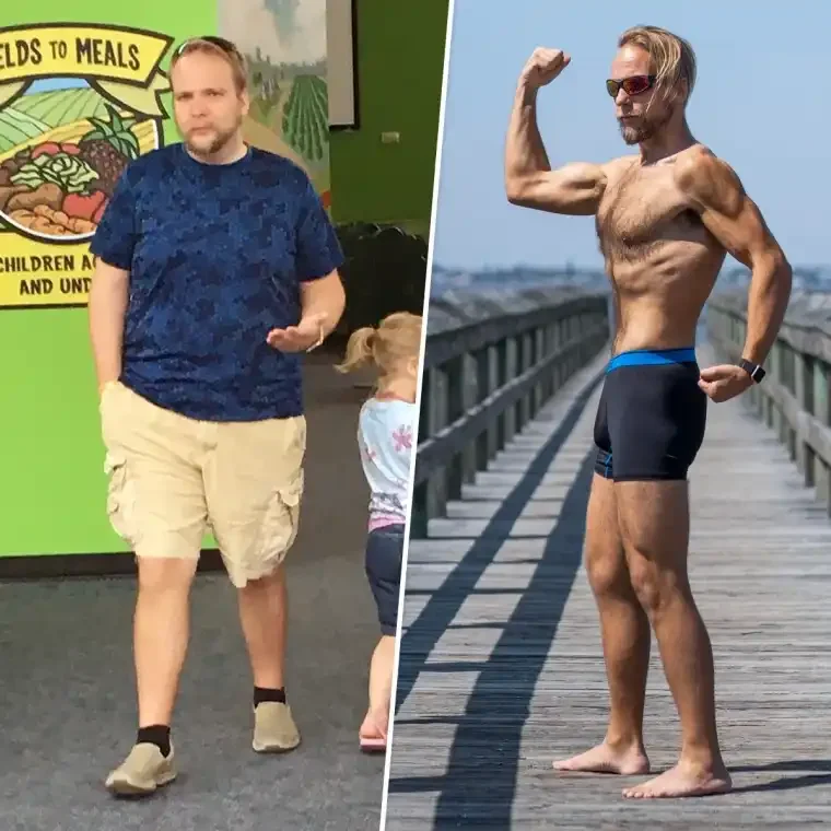 Side-by-side photos of a man before and after losing weight: on the left, overweight man in a blue shirt and khaki shorts with children indoors, and on the right, lean muscular man in sunglasses and shorts outdoors on a pier, flexing his arm.