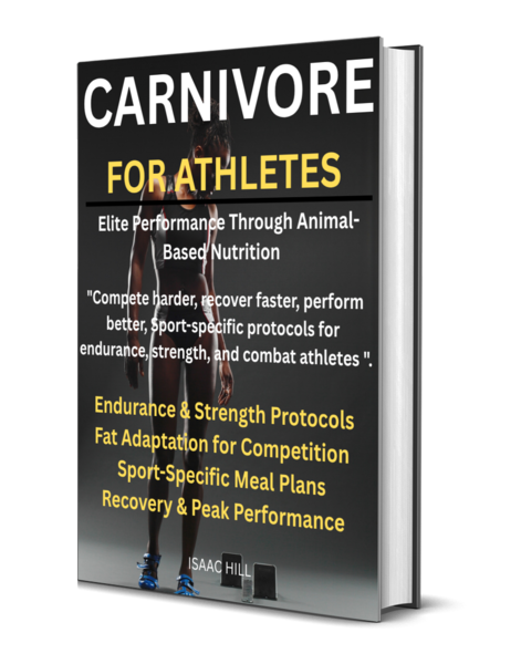 Book titled 'Carnivore for Athletes' with a black cover, featuring an image of an athlete and a list of performance protocols in yellow text.