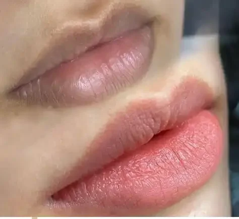 Close-up of a person's lips with one lip pink and the other natural.