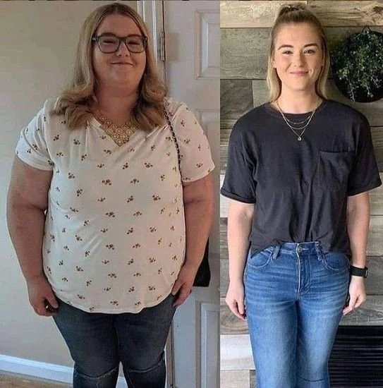 Side-by-side photos of a woman before and after weight loss, smiling in each image.