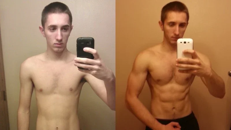 Comparison of a young man before and after fitness transformation, taking mirror selfies in a bathroom.