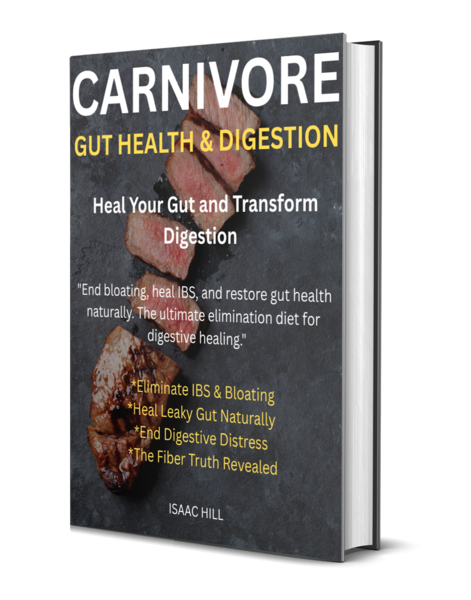 Book titled 'CARNIVORE GUT HEALTH & DIGESTION' with an image of two pieces of cooked meat on the cover.
