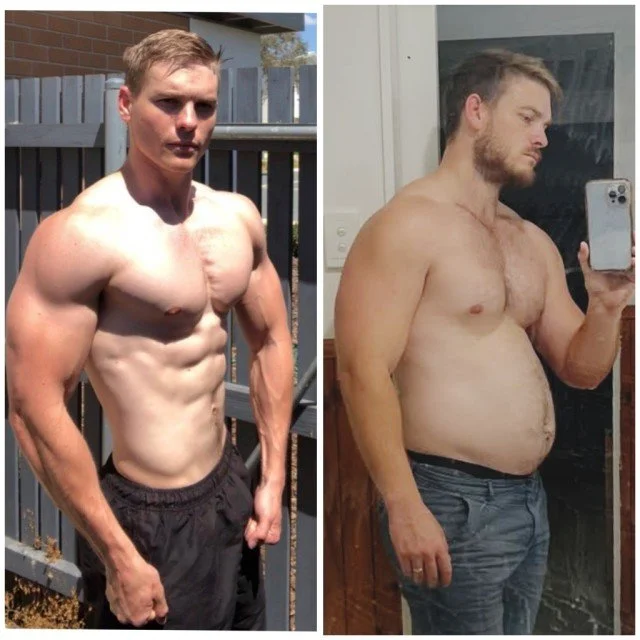 Side-by-side comparison of a shirtless man. The left image shows a muscular young man with defined abs and arms, standing outside near a fence on a sunny day. The right image shows the same man with a larger physique, a beard, and a relaxed posture, taking a mirror selfie indoors, with a plain background and a window.