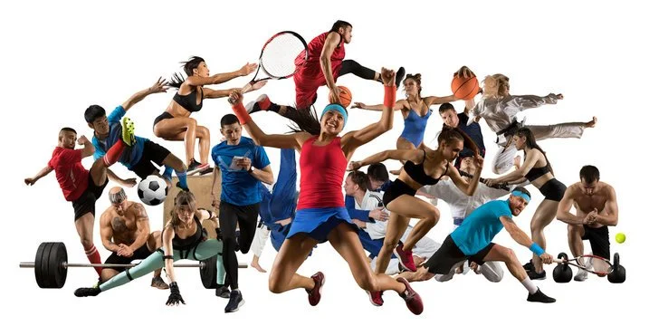 Group of people engaging in various sports and fitness activities, including basketball, soccer, tennis, weightlifting, running, and cycling.
